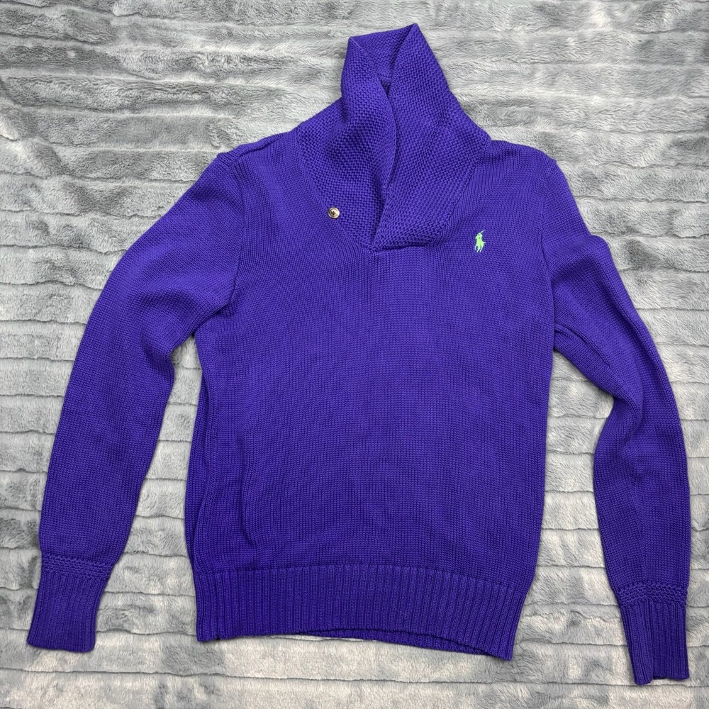Ralph Lauren Sport Purple Cotton Shawl Collar Sweater Womens Large Green Pony
